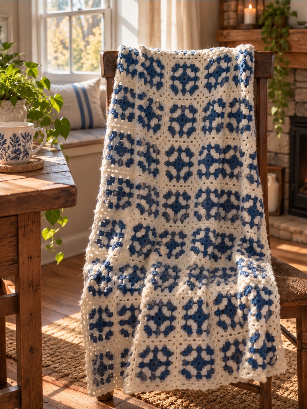 White and Blue Crochet Throw Blanket - Cozy Handmade Home Accent